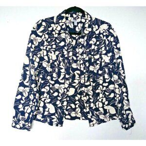Womens Old Navy Shirt Size M Floral Career Top 100% Cotton Blue Ivory L/S EUC